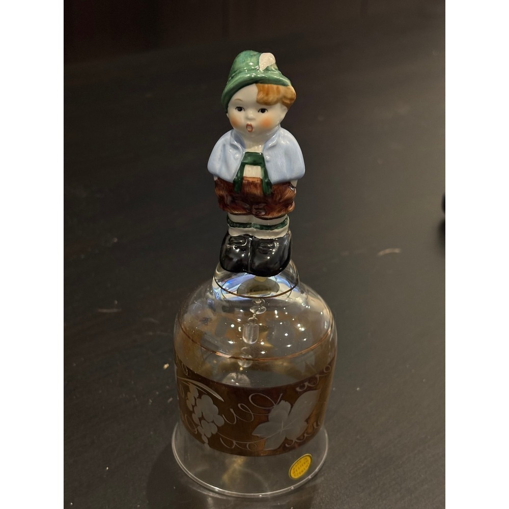 Vintage Western Germany Glass Dinner Bell Alpine Boy Figurine Gold Leaf Etched - Picture 1 of 5